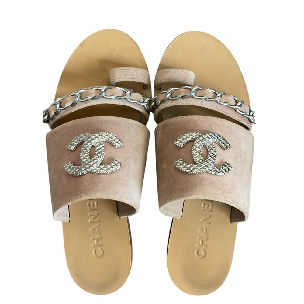 Chanel Tan Velvet Sandals with Silver Chain Accent